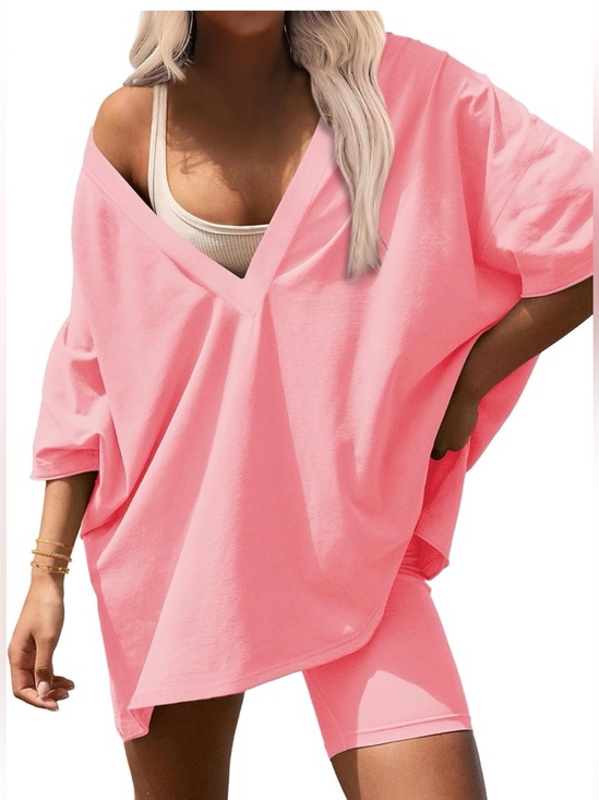 Ekouaer Other - New Markdown! $15 Pink V-Neck Oversized Top & Bike Shorts set. Limited sizes